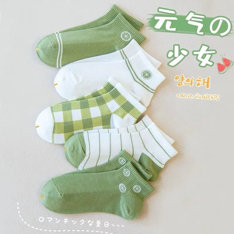 Tất cổ cao, vớ cổ ngắn nữ họa tiết quả chanh màu xanh chất cotton phong cách Hàn Quốc
