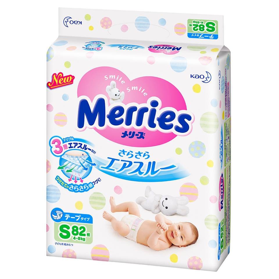 [Mã LTP50 giảm 50000 đơn 150000] Bỉm Merries dán size S cho bé từ 4-8kg 82 miếng