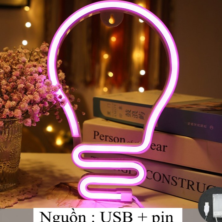 Đèn Led Neon trang trí hình bóng đèn sáng tạo dùng pin hoặc USB -Thích hợp decor phòng học, quán cafe, phòng ngủ