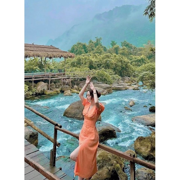 Đầm Cam Cổ Bèo Hai Lớp Cúc Bọc Vintage | BigBuy360 - bigbuy360.vn