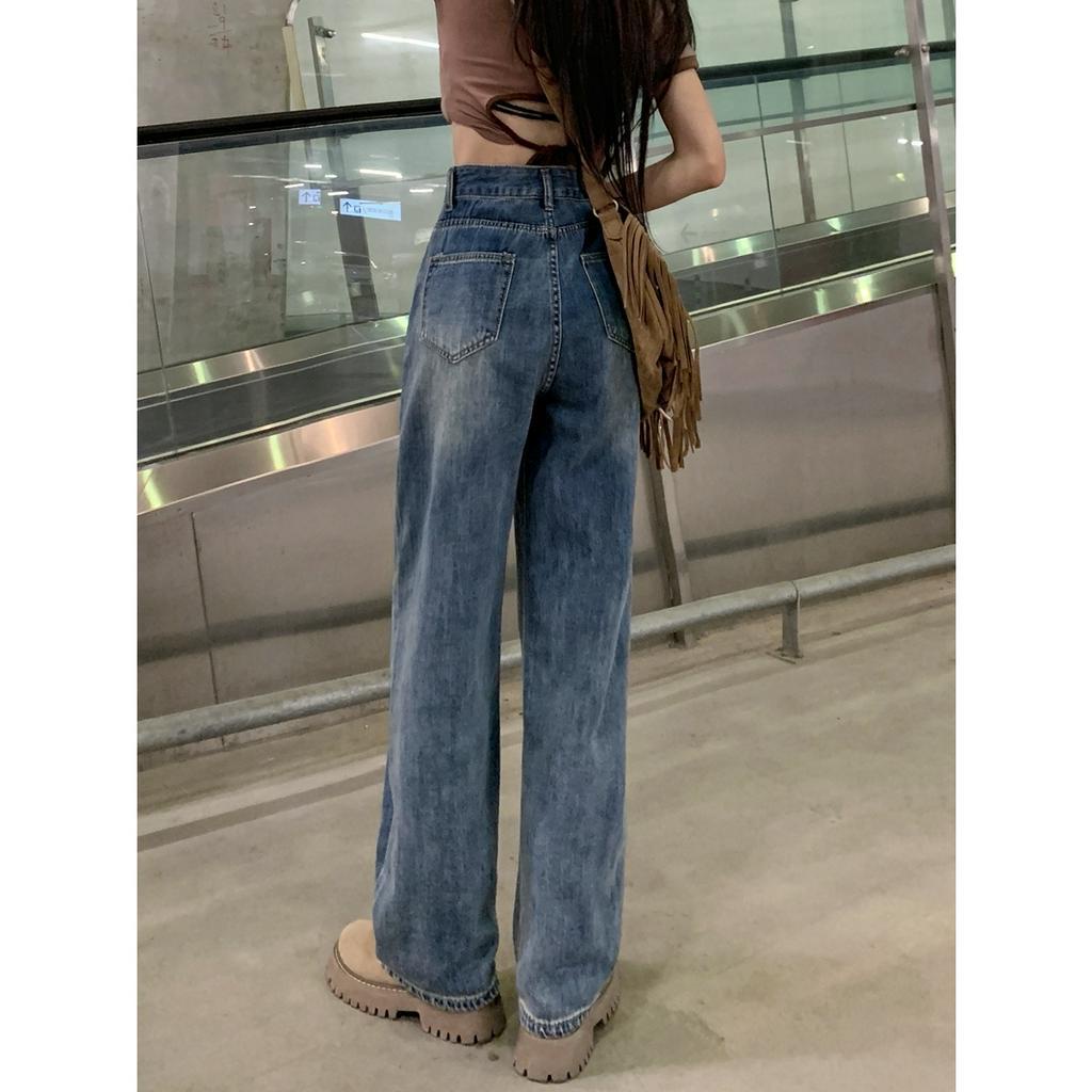 SELVZE Quần jeans Nữ Lưng Cao Ống Rộng Thời Trang Cá Tính