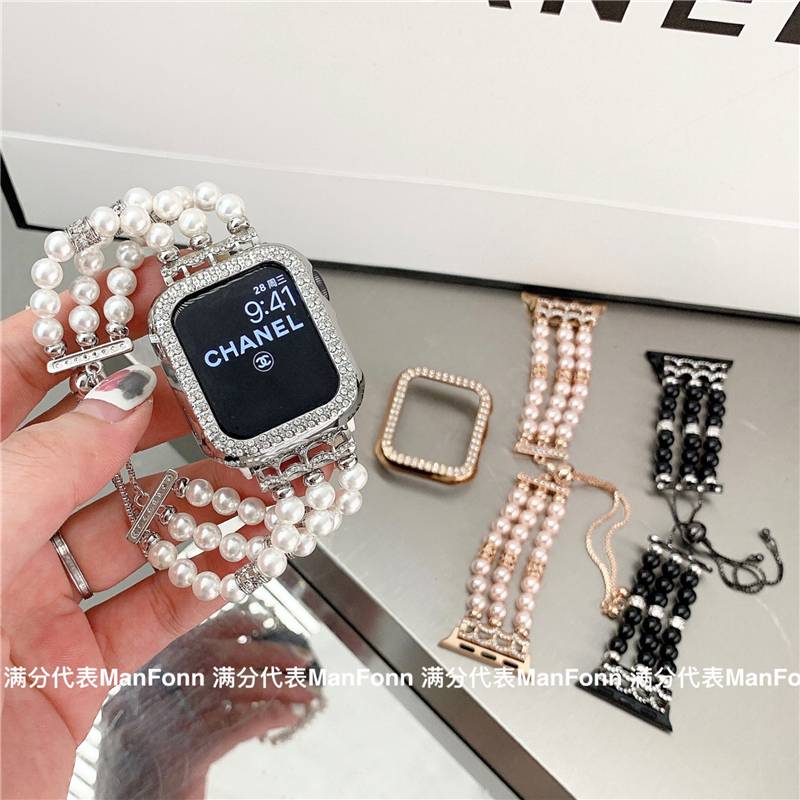 Dây Đồng Hồ Bằng Thép Không Gỉ Đính Ngọc Trai Sang Trọng Cho Apple Watch 40mm 44mm 38mm 42mm Series 6 5 4 3 2 1