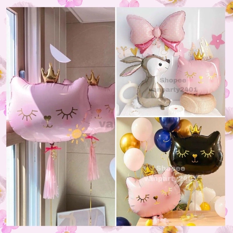 Bóng nhôm hình mèo hồng, mèo đen, thỏ, nơ trang trí sinh nhật, party, đầy tháng, thôi nôi, cưới, khai trương…