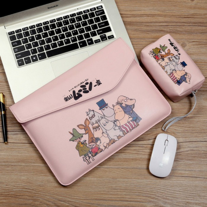 Túi da đựng laptop cao cấp, khoá nam châm hoạ tiết Cartoon