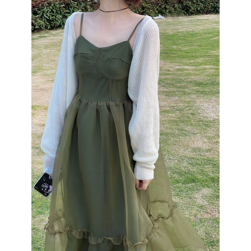 Bộ Áo Khoác Cardigan Hai Dây Phối Lưới Mỏng Chống Nắng Thời Trang