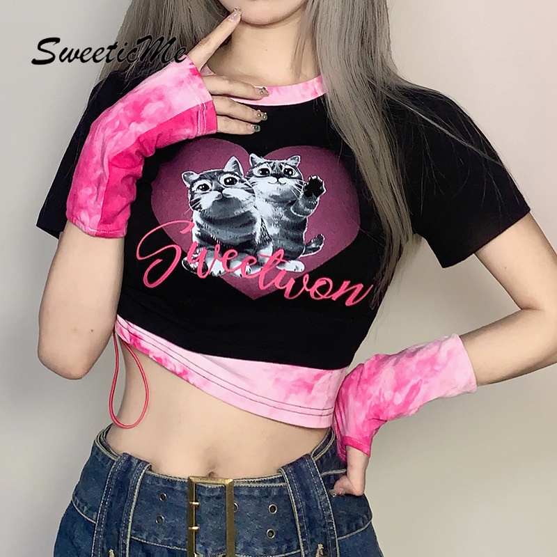 Áo Thun Crop Top Rút Dây Tay Cộc Nhuộm Màu Tương Phản In Hình Mèo Dễ Thương Cho Nữ