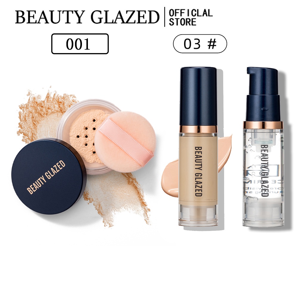 Bộ 3 sản phẩm trang điểm gồm kem nền + kem nền dạng lỏng + phấn phủ chống nước BEAUTY GLAZED