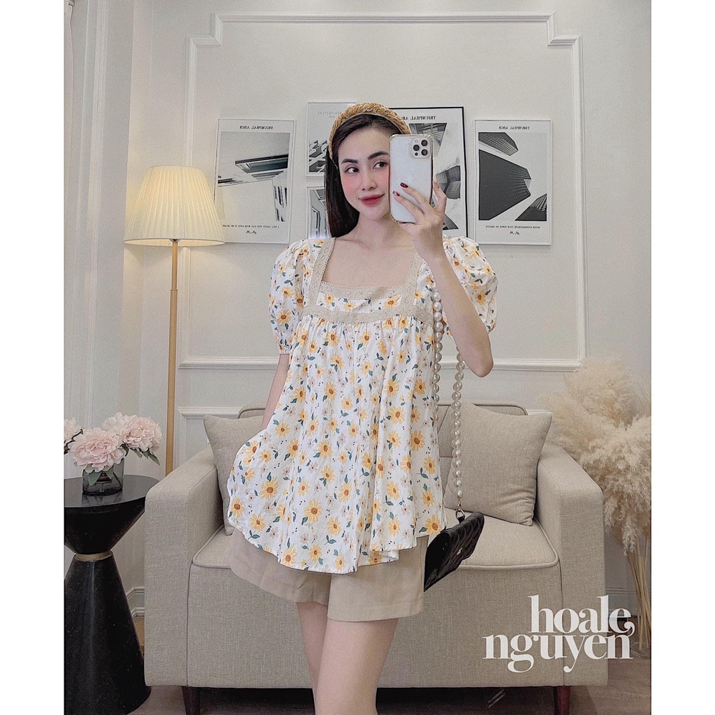 Sét áo hoa babydoll pha ren mix quần sooc đùi ống rộng Chất đũi trơn mềm - PUZA