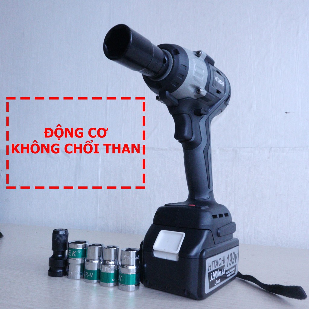 Máy siết bulong Hitachi 199V - 3 ĐÈN LED - PIN 10 Cell - KHÔNG CHỔI THAN, bắt vít ốc ô tô