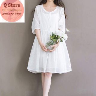 Đầm babydoll trắng hạt dịu dàng hai lớp