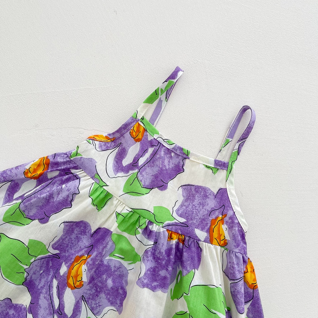 Đầm Hai Dây Họa Tiết Hoa Xinh Xắn Cho Bé Gái