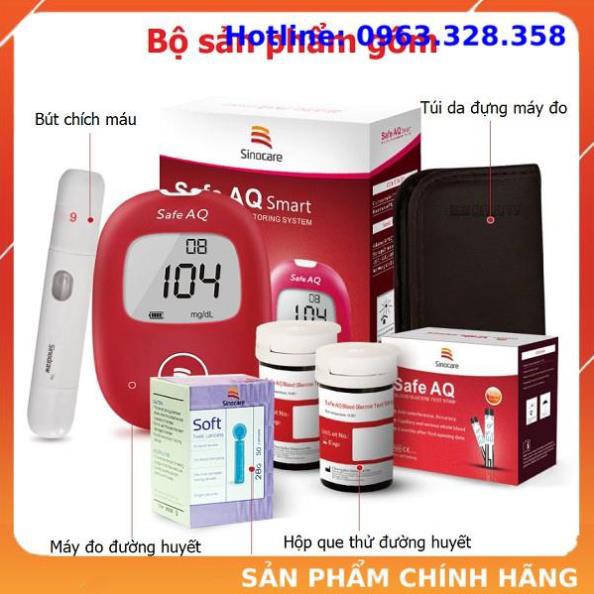 Máy đo đường huyết, Máy thử đường huyết SINOCARE safe aq chính hãng đức + tặng 50 que thử,50 kim lấy máu