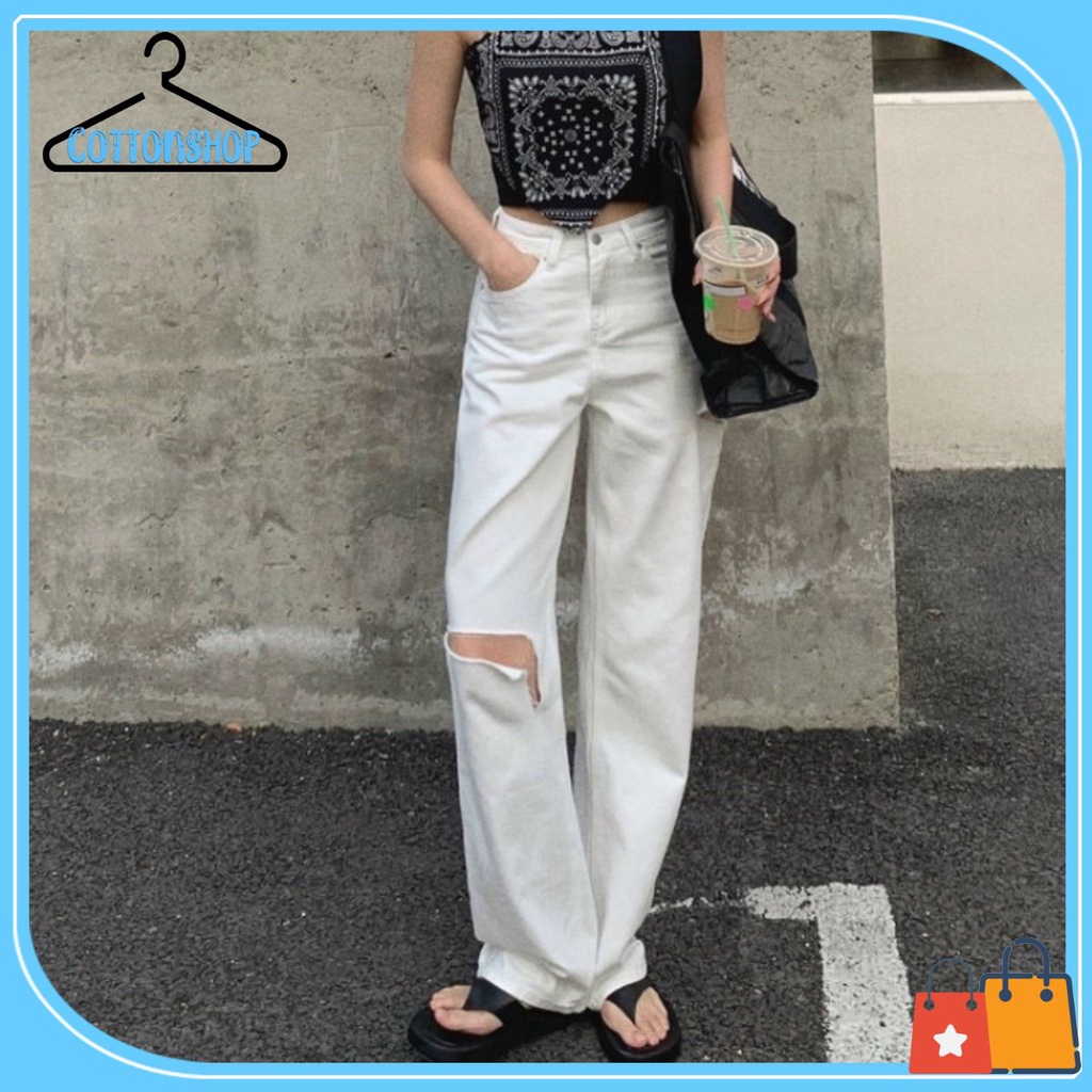 Quần jeans ống rộng trắng rách, lưng cao tôn dáng