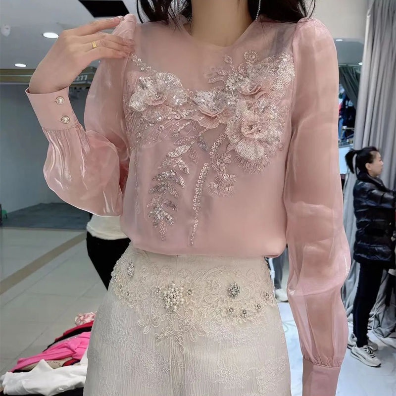 Áo Thun Cổ Tròn Đính Hạt Kim Sa Lấp Lánh Phong Cách Retro Cao Cấp Thời Trang Xuân Hè Mới Dành Cho Bạn Nữ