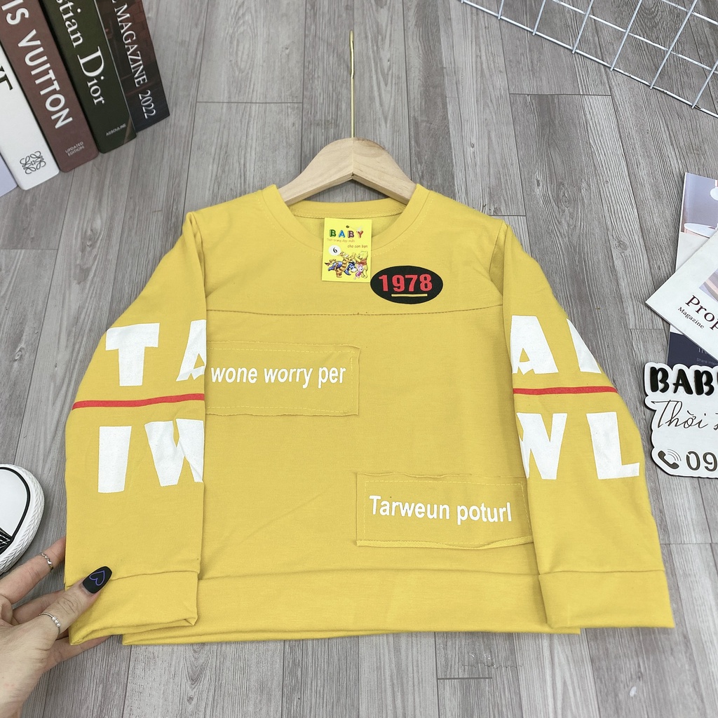 Áo sweater nỉ da cá &quot;WORRY&quot; 14-45kg cho bé trai 4-14 tuổi. Vải dày dặn, co giãn tốt. B43