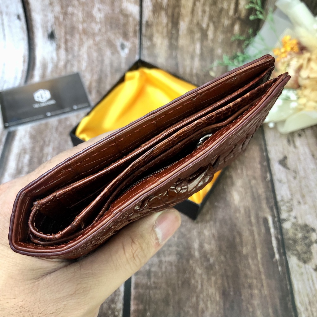 Ví Da Tay Cá Sấu 2 Mặt, Bóp Nam Da Cá Sấu Thật Màu Nâu Đỏ, Da Cá Sấu Đúng Tuổi Siêu Mềm, Kiểu Dáng Ngang, BH 24 tháng