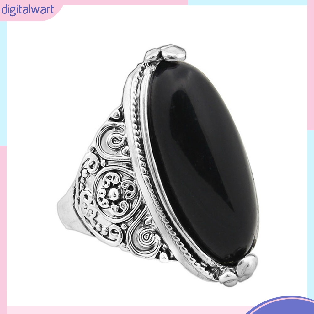 Nhẫn Mạ Bạc Chạm Khắc Đính Đá Ngọc Lam Hình Oval Phong Cách Boho Cổ Điển