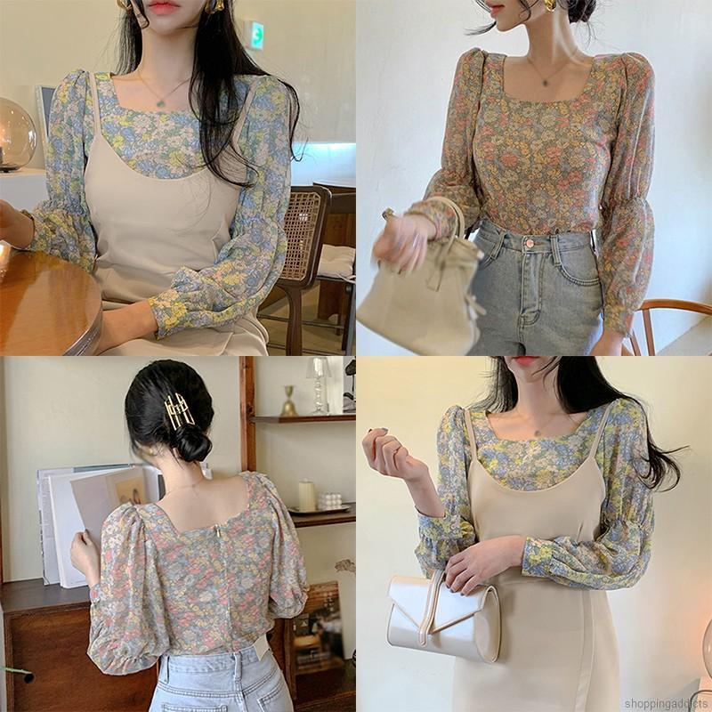 Áo Voan Hoa Tay Phồng Phong Cách Hàn Quốc Thanh Lịch Cho Nữ