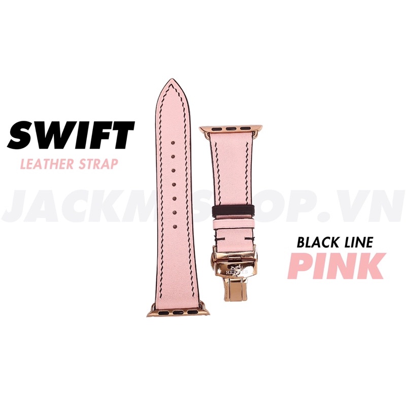 [BẢO HÀNH 1 NĂM] Dây da BÊ SWIFT may tay thủ công màu Hồng chỉ Đen khoá bướm cho Apple Watch series 1/2/3/4/5/6/7