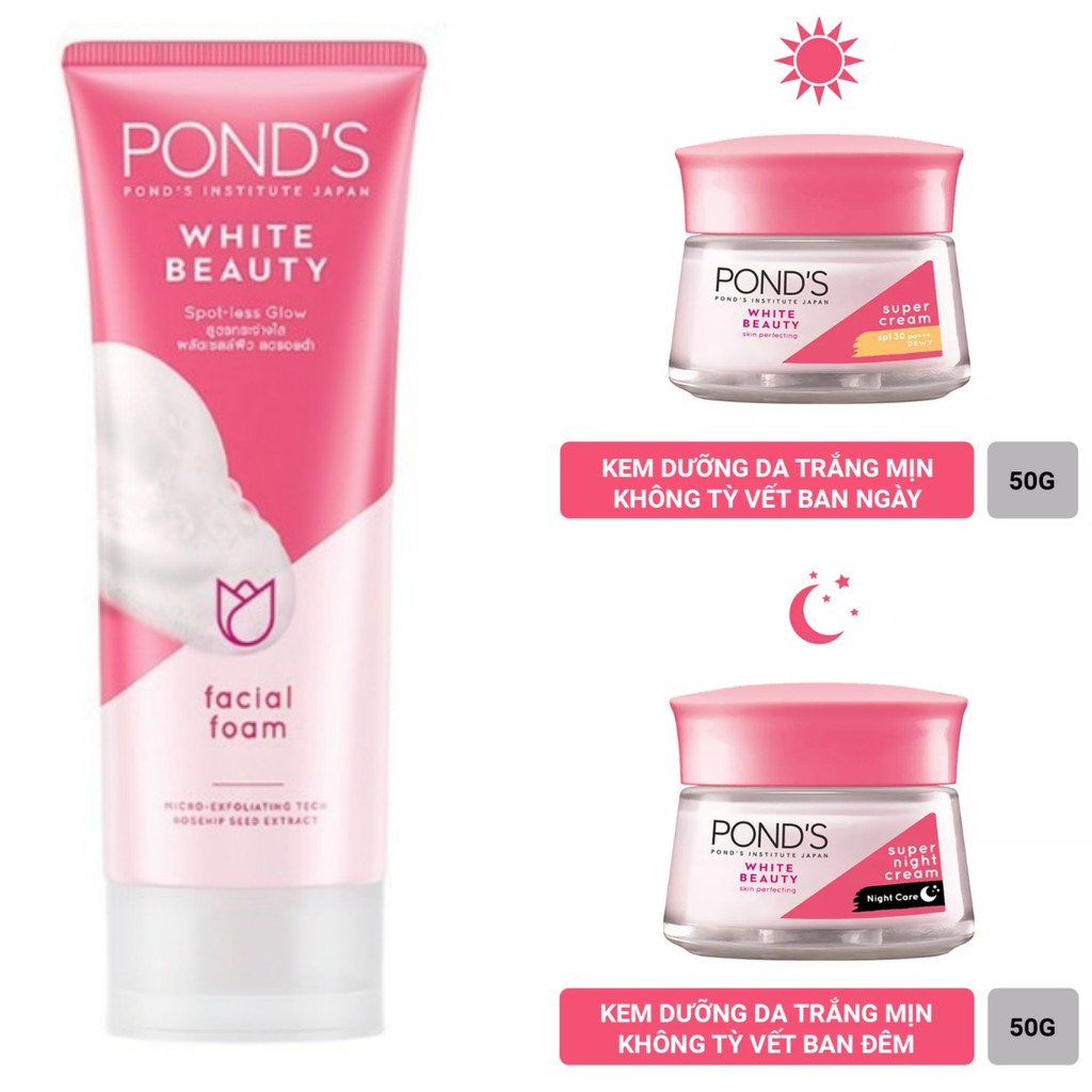 Bộ 3 sản phẩm dưỡng trắng da Pond's White Beauty màu hồng (Sữa rửa mặt + Kem ngày + Kem đêm)