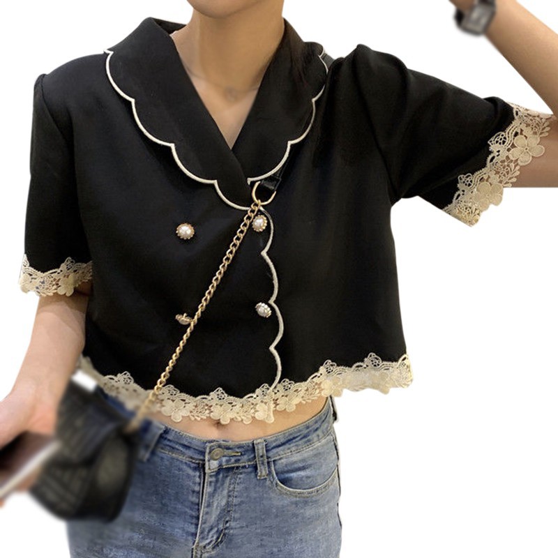 Áo Sơ Mi Cổ Bẻ Phối Ren Xinh Xắn Cho Nữ