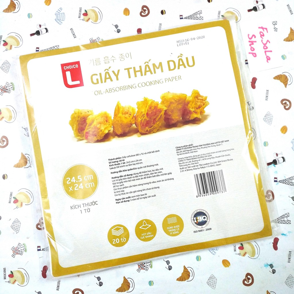 Giấy thấm dầu thực phẩm LOTTE CHOICE nhập khẩu Nhật 20 tờ 24,5 x 24cm hút dầu mỡ thức ăn