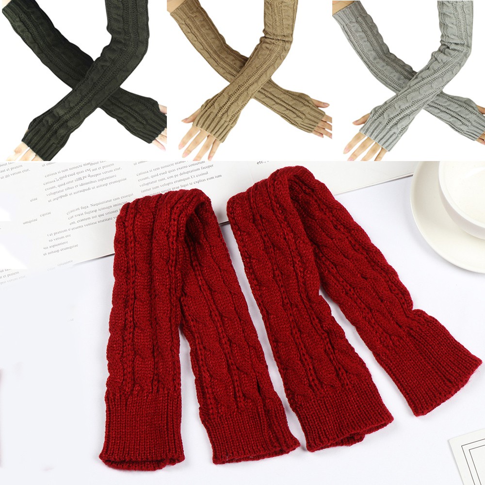 Găng Tay Len Dài 50cm Hở Ngón Phối Nút Thời Trang Thu Đông Cho Nữ