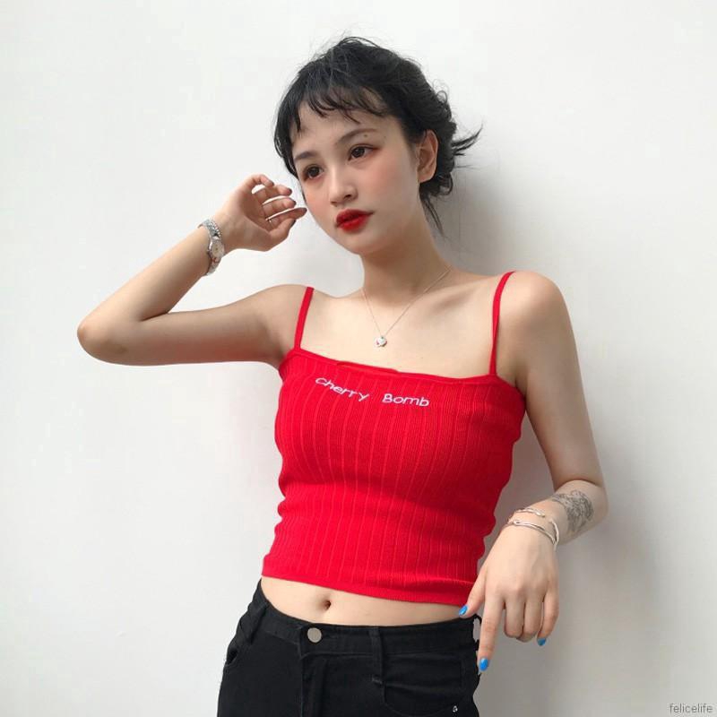 Áo 2 dây cổ vuông màu trơn gợi cảm cá tính thêu chữ Cherry Bomb dành cho bạn nữ