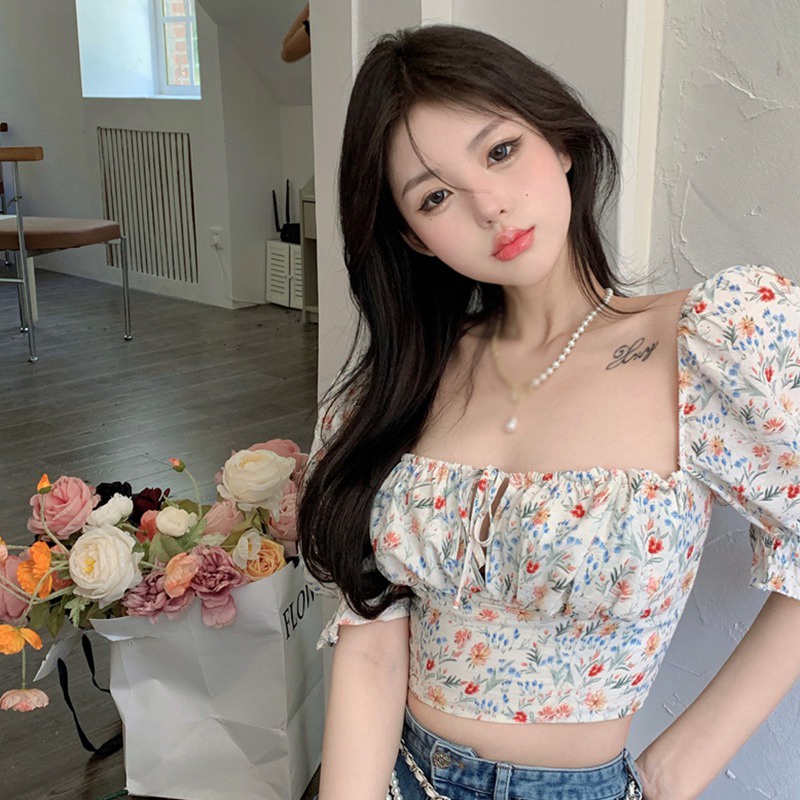 Áo Croptop Cổ Vuông Tay Ngắn In Họa Tiết Hoa Thời Trang Mùa Hè Hàn Quốc Cho Nữ