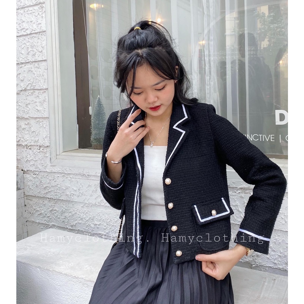 Áo dạ tweed HAMY  A-34 cổ vest dáng lỡ kiểu Hàn quốc vải len màu trắng đen | BigBuy360 - bigbuy360.vn