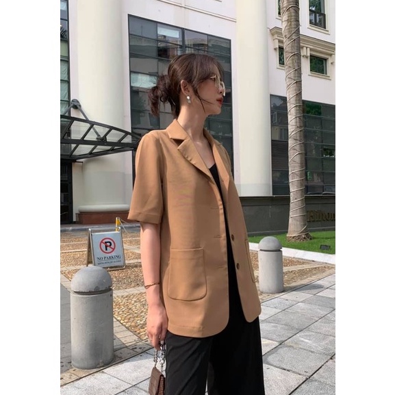 Áo blazer nữ 1 lớp dáng dài tay ngắn 4 khuy dọc hàng thiết kế Huien Design thời trang công sở trẻ trung, màu sắc