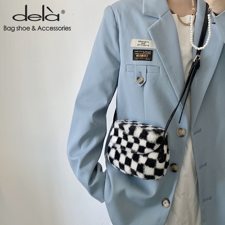 Dela Túi Đeo Chéo Một Bên Vai Bằng Len Nhỏ Nhắn Họa Tiết Kẻ Sọc Đen Trắng Thời Trang Thu Đông Đơn Giản Dành Cho Bạn Nữ