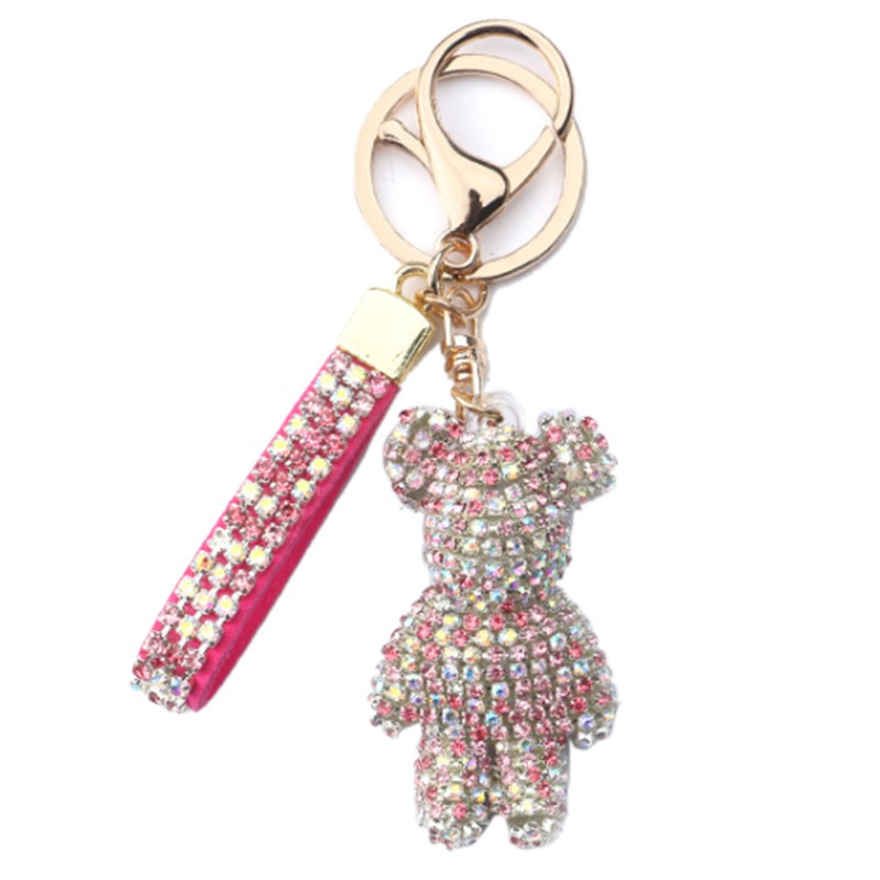 Diamond Bear Leather Strap Car Key Chain Bag Handbag Pendant,Pink