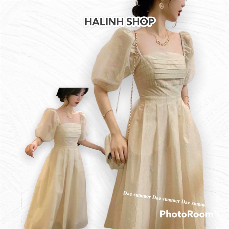 Váy Đầm Nữ Be Nhún Ngực Tay Phồng - Halinh Shop - Váy Cổ Vuông Tay Phồng Dáng Xoè 2 Lớp Mặc Hè Thu đủ size S M