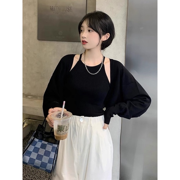 SET áo khoác yếm croptop chất bo gân dày tôn dáng che khuyết điểm bắp tay to vai thô ơi