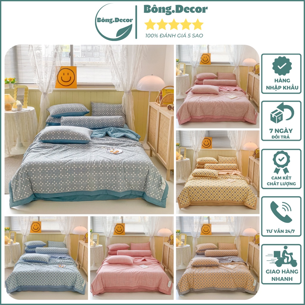 Bộ chăn ga gối 5 món cotton đũi kẻ nhiệt đới cao cấp, chăn hè chần bông phong cách Hàn Quốc mềm mịn thoáng mát