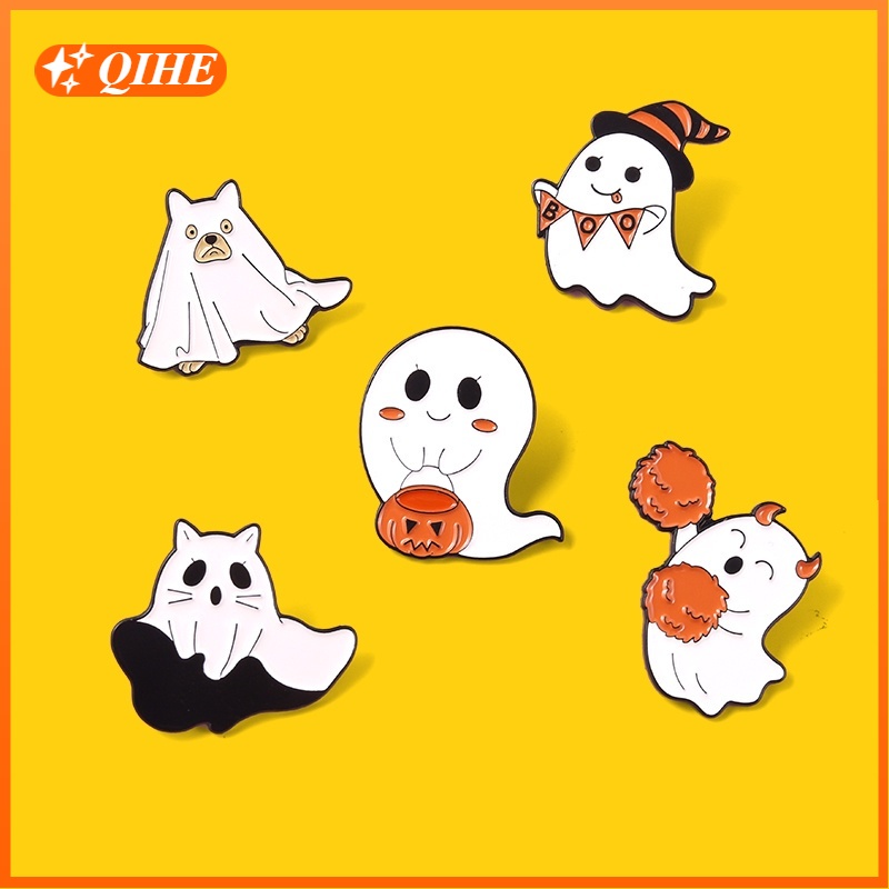 Set 5 ghim cài áo Qihe Jewelry hình quả bí ngô chủ đề Halloween dễ thương