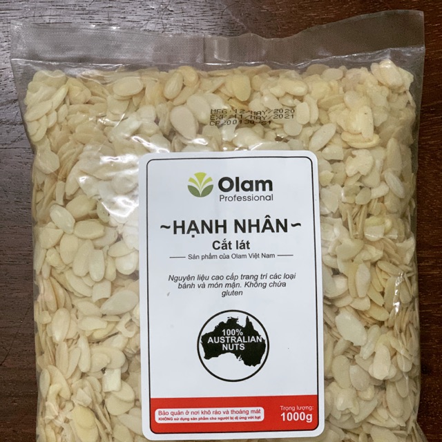 Sản phẩm hạt hạnh nhân cắt lát - hạt thô được nhập khẩu từ Úc - được sơ chế, sản xuất và đóng gói bởi công ty OLAM VN...
