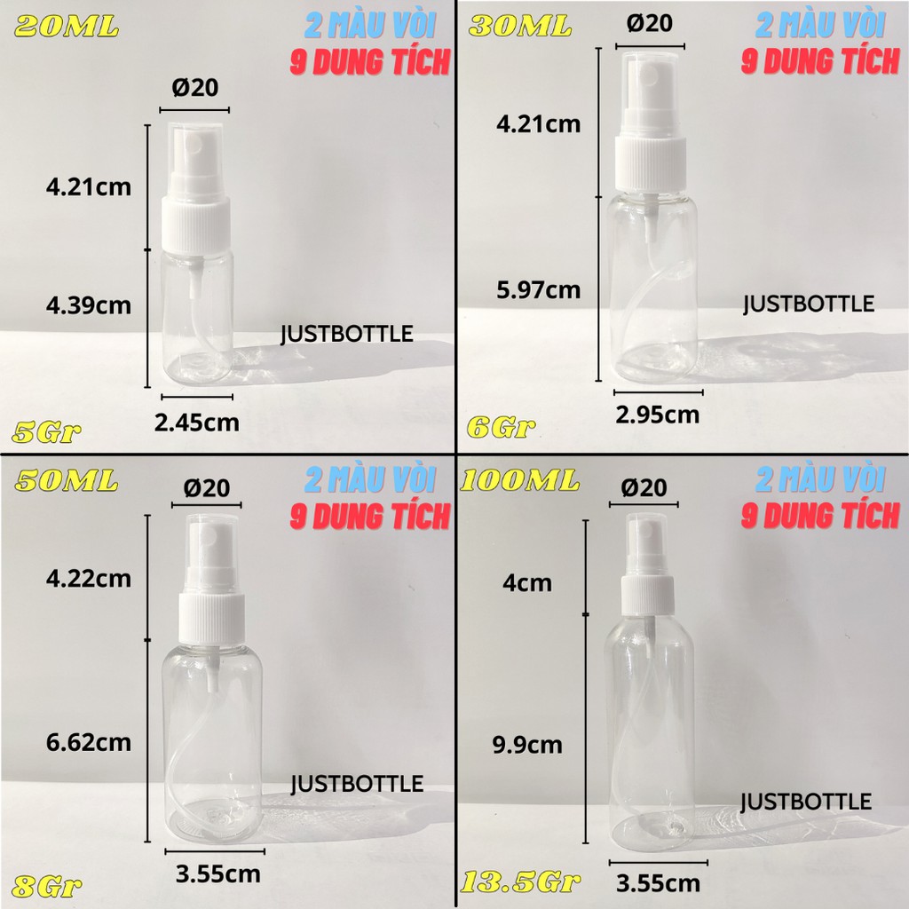 LỌ CHIẾT MỸ PHẨM DẠNG XỊT PHUN SƯƠNG 20ml 30ml 50ml 100ml 150ml 200ml 250ml 300ml  VỎ CHAI NHỰA PET đựng nước sát khuẩn