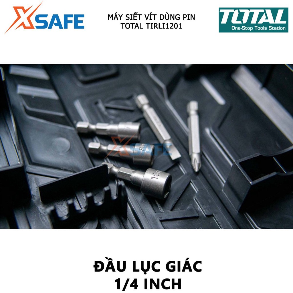 Máy bắn vít mini dùng pin 12V TOTAL TIRLI1201 điện áp sạc 220V tốc độ 2000v/p, tốc độ búa 2800ipm, đầu lục giác 1/4&quot;
