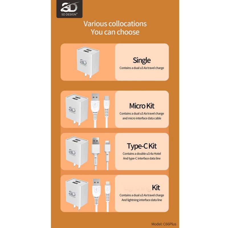 Bộ sạcUsb 2 Cổng sạc C66 Plus chính hãng SD DESIGN gồm Củ + Cáp  sạc nhanh an toàn cho thiết bị - Mango_Ovil
