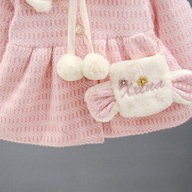 áo khoác len lông ấm áp bé gái size 9-20kg họa tiết cổ thêu tặng kèm túi đeo xinh xắn AK40