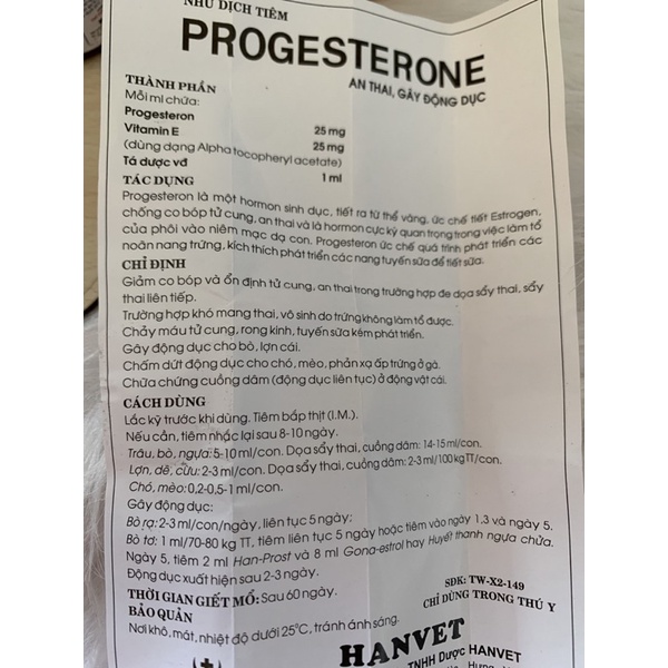 20ml Progesterone - A.n th.ai cho chó mèo, lợn, dê, cừu, trâu, bò, ngựa