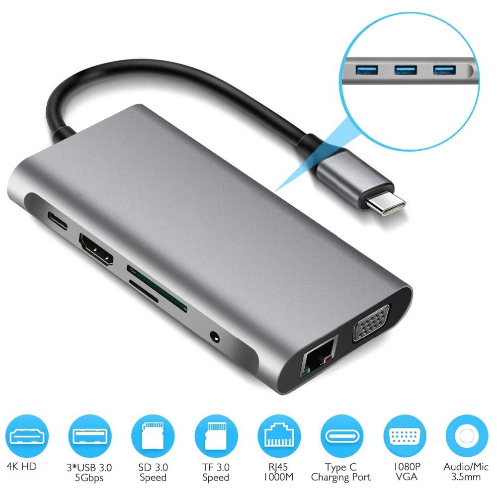 Bộ Chuyển Đổi Hub Usb 3.0 4k Hdmi Sang Vga Rj45 10 Trong 1 Cho Macbook Pro Thunderbolt 3 | BigBuy360 - bigbuy360.vn