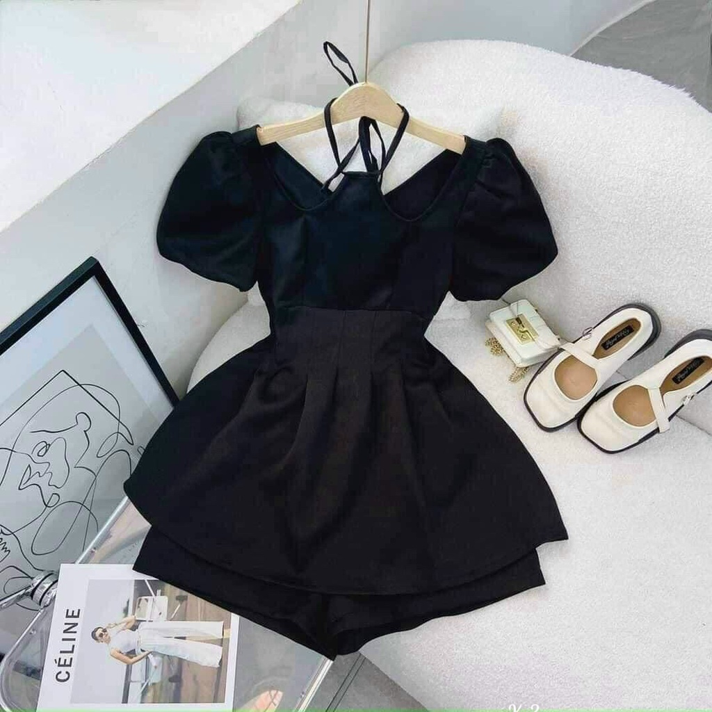 [Set đầm] Set 2 món đầm xòe ngắn tà sexy phối tay phồng cổ dây cực đẹp, phối kèm quần đùi trong cho chị em tự tin hơn