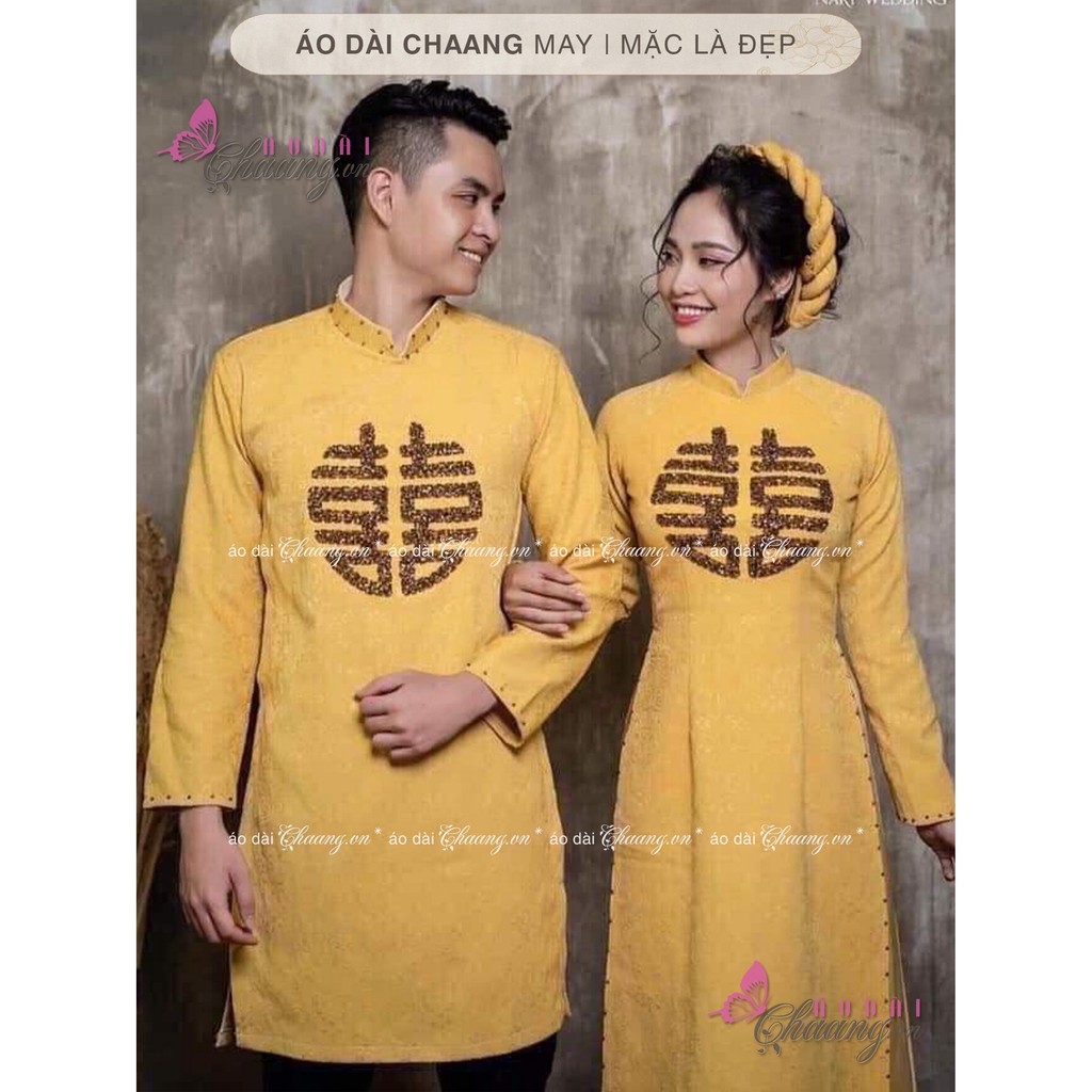 Áo dài cặp đôi nam nữ đính pha lê cao cấp Chaang may sẵn truyền thống cô dâu chú rể dự tiệc cưới lễ tết đẹp ADC122