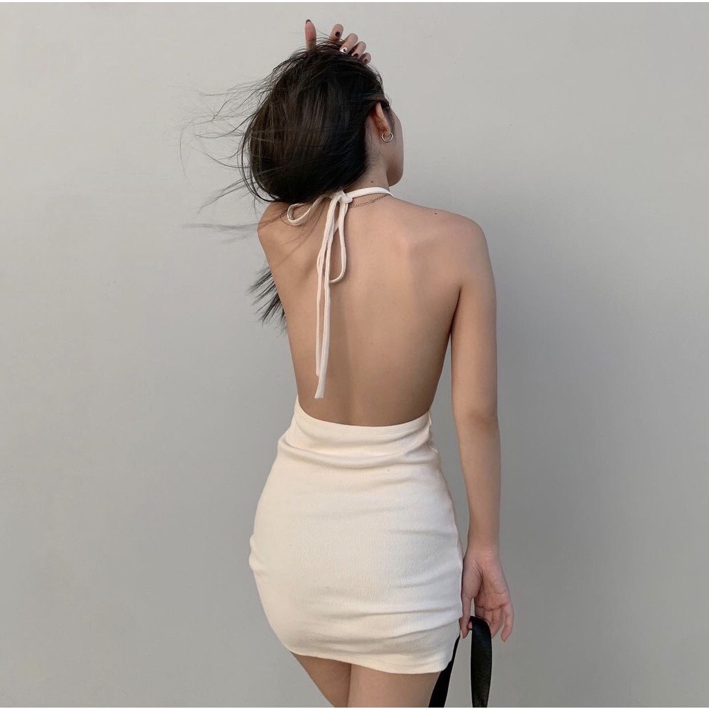 Đầm cổ yếm body hở lưng hở eo, váy ôm hở vai cột dây quyến rũ Thunca.store