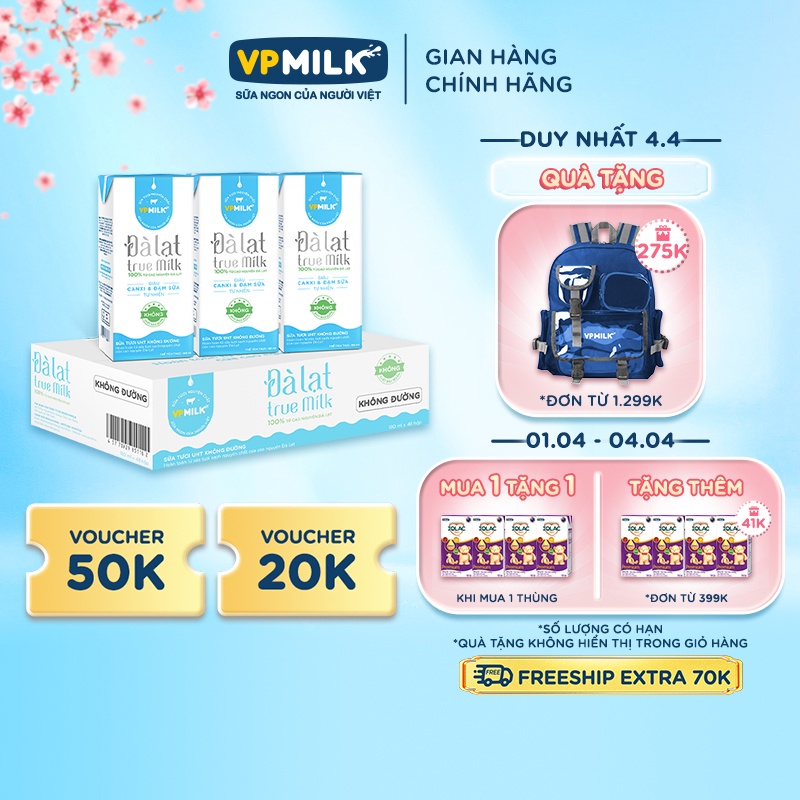 [Mã BMLTA50 giảm 10% đơn 99K] Sữa tươi Đà Lạt True Milk không đường hộp 180ml (thùng 48 hộp)