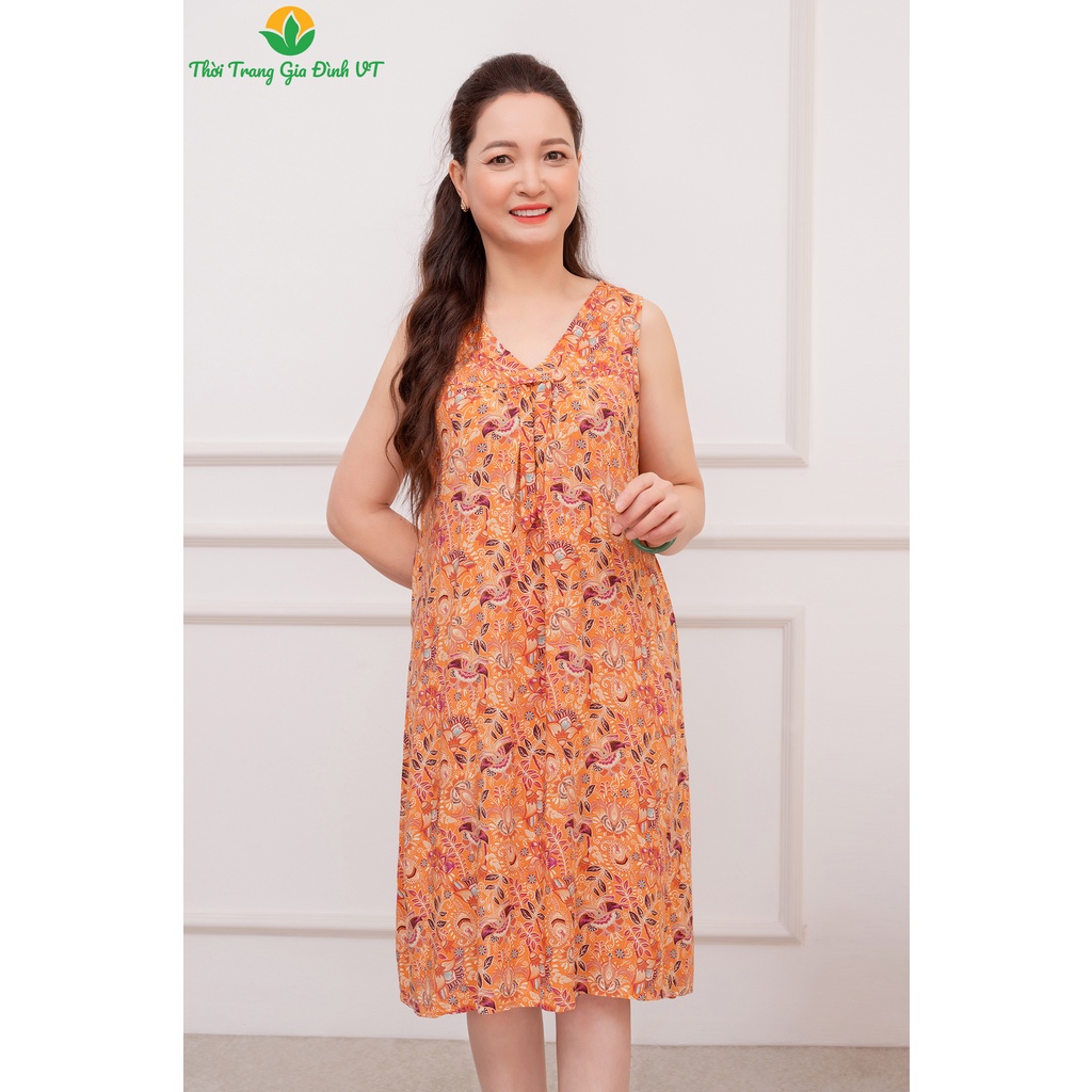 Đầm váy họa tiết nữ Việt Thắng xuân hè sát nách chất lanh (tole) - V02.2208