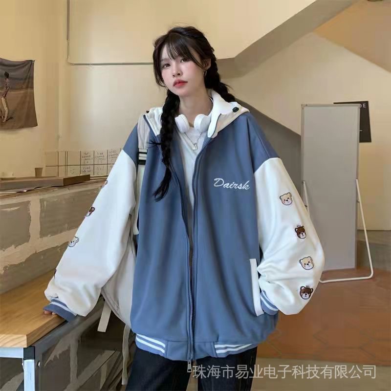Áo Khoác Bóng Chày Có Nón Dáng Rộng Thời Trang Thu Đông 2022 Phong Cách Hàn Quốc Cho Nữ